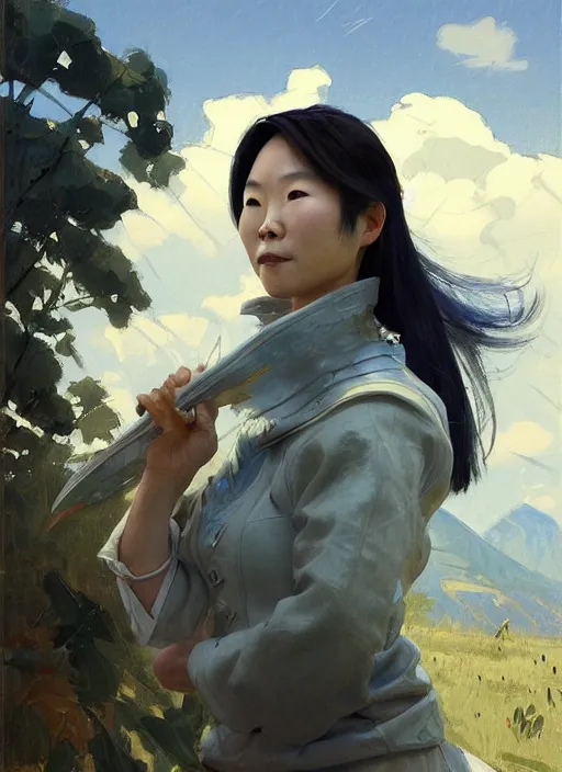 Prompt: portrait of Chin Li from League of Legends practicing, countryside, calm, fantasy character portrait, dynamic pose, above view, sunny day, thunder clouds in the sky, artwork by Jeremy Lipkin and Giuseppe Dangelico Pino and Michael Garmash and Rob Rey and Jean Giraud, very coherent asymmetrical artwork, sharp edges, perfect face, simple form, 100mm