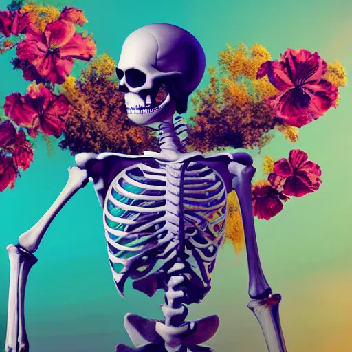 Prompt: a painting of a skeleton with a bird on its shoulder, a digital painting by Chris LaBrooy, cgsociety, vanitas, made of flowers, poster art, rendered in cinema4d