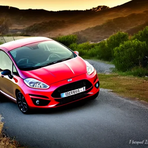 Image similar to red ford fiesta mk 5 zetec on a mountain road, spain, award winning photograph, golden hour