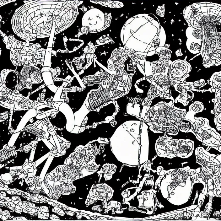 Prompt: a still frame from comic strip atlas molecule scientific weird 1 9 9 0, new yorker illustration, monochrome contrast bw, lineart, manga