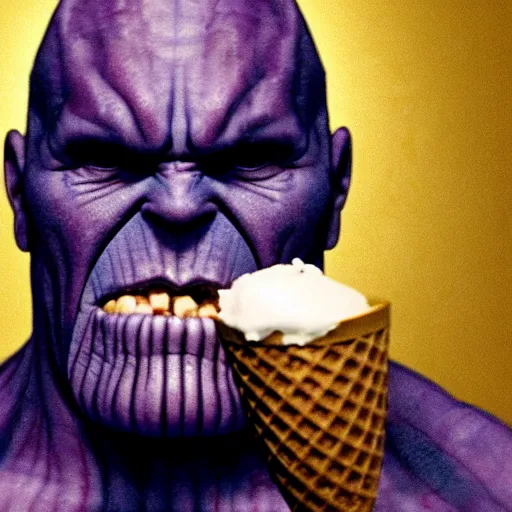 Prompt: film still of thanos eating an ice cream in the new avengers movie, 4 k