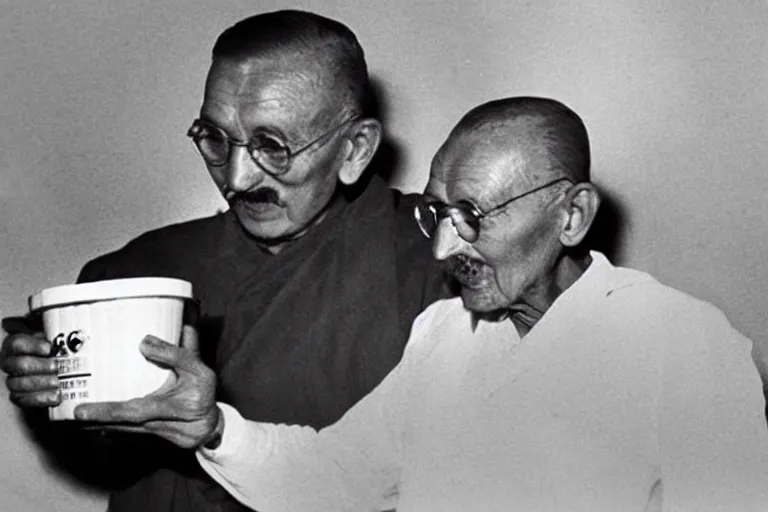 Prompt: candid photograph of ghandi secretly eating a bucket of kfc