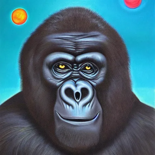 Image similar to haunted surrealist painting of a gorilla, landscape background, oil painting