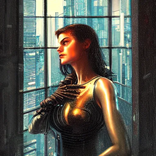 Prompt: portrait of cyberpunk woman looking out of a window, cyberpunk setting, futuristic, highly detailed, intricate lighting, digital painting, sharp focus, illustration, trending on artstation, art by karol bak.