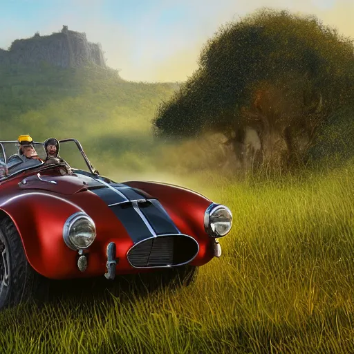 Prompt: a detailed matte painting of solaire of astoria diving a shelby cobra through a grassy field, how do you turn this thing on, age of empires, volumetric lighting, 8 k, octane render, by greg rutkowski