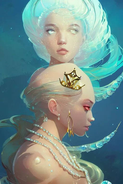 Prompt: portrait of a beautiful queen of the ocean with pearl and gold and crystal jewelry in complex and shiny dress made by jellyfish, by ross tran and atey ghailan, by greg rutkowski, by greg tocchini, by james gilleard, by joe fenton, by kaethe butcher, dynamic lighting, grunge aesthetic