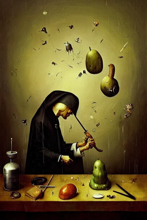 Image similar to hieronymus bosch, greg rutkowski, anna podedworna, painting of a pickle in a suit and tie