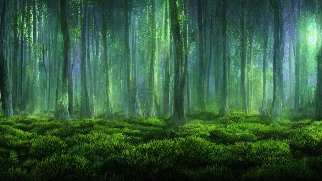 Image similar to portrait of an ethereal evergreen forest made of green and purple light with log cabin made of blue light, divine, cyberspace, mysterious, dark high-contrast concept art