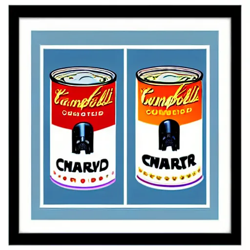 Prompt: andy warhol framed print with soup cans and darth vader pattern