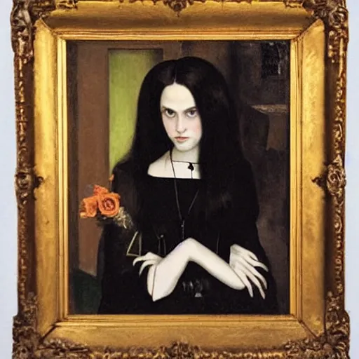 Prompt: a portrait of a gothic young women with long hair in a magical castle by currin, john