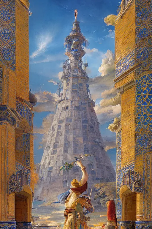 Image similar to glorious painted tower of the sun and stars by Ludwig Deutsch and Rudolf Ernst and tyler edlin, dramatic cinematic lighting , beautiful colorful tilework, ornate architecture, smooth, sharp focus, extremely detailed