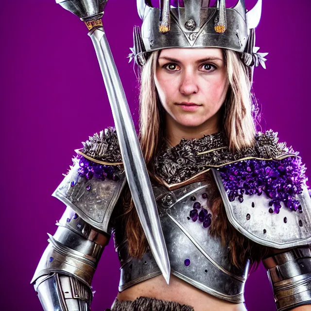 Image similar to photo of a beautiful cute warrior queen wearing amethyst encrusted armour, highly detailed, 4 k, hdr, smooth, sharp focus, high resolution, award - winning photo
