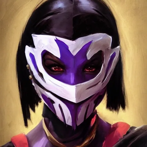 Image similar to greg manchess portrait painting of mileena from mortal kombat wearing a mask covering her mouth as overwatch character, medium shot, asymmetrical, profile picture, organic painting, sunny day, matte painting, bold shapes, hard edges, street art, trending on artstation, by huang guangjian and gil elvgren and sachin teng