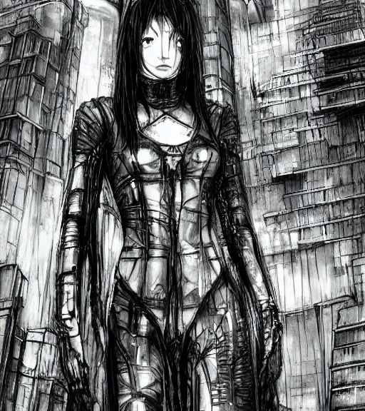 Prompt: andrei tarkovsky cyberpunk scene, epic ancient tower of babylon, woman in transparent cyber clothing, hyperrealistic, blame, manga style, drawing by tsutomu nihei, cyber world, concept art, hyper - detailed, smooth, masterpiece, epic, cinematic, high quality