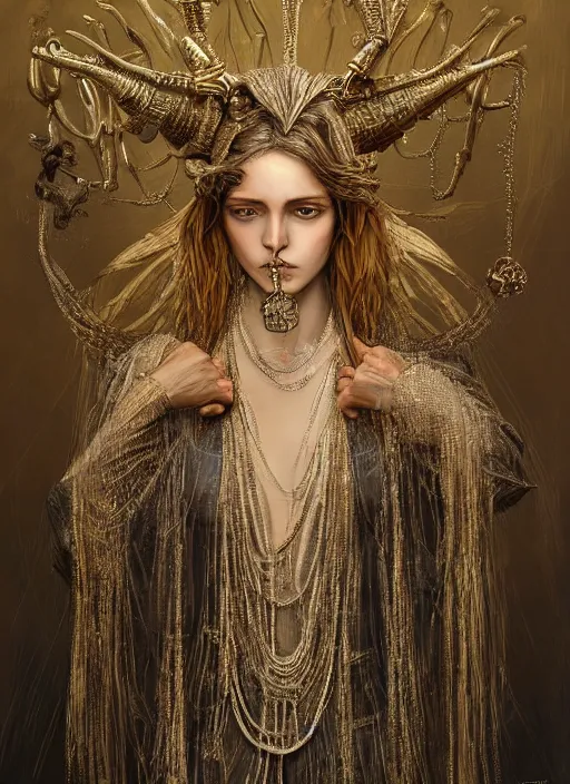Prompt: mutant weaver with hundreds of gemencrusted golden necklaces, physically accurate, moody dynamic lighting, very very intricate, very very elegant, highly detailed, digital painting, artstation, HR GIGER, Hieronymus Bosch, Francis Bacon, concept art, smooth, very beautiful, sharp focus, illustration, art by artgerm and greg rutkowski and alphonse mucha