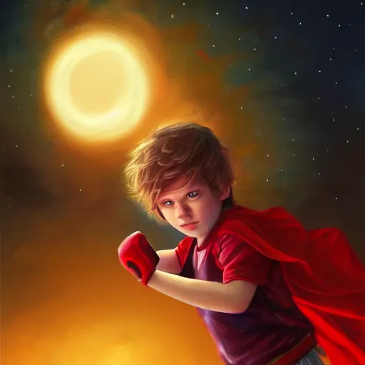 Prompt: colorful and festive captivating young child boy, brown fluffy hair, wearing red and yellow hero suit, shooting a crescent moon out of his fist. full body, rich vivid colors, ambient lighting, dynamic lighting, 4 k, atmospheric lighting, painted, intricate, highly detailed by charlie bowater