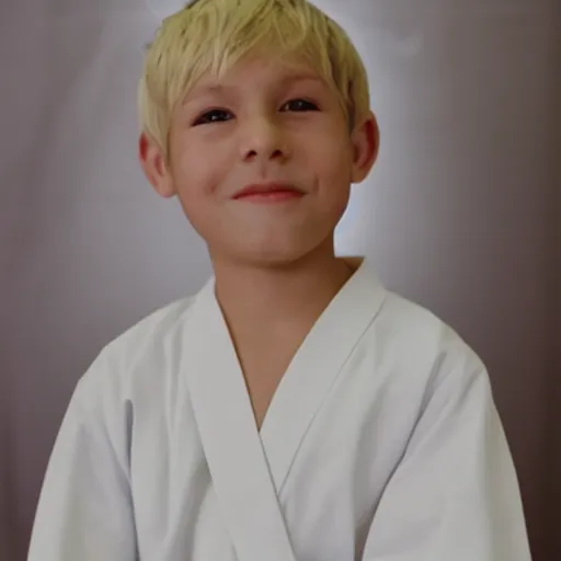 Prompt: boy with white shoulder-length hair, dressed in white robes