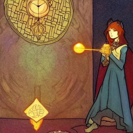 Image similar to female mage is casting a magic spell, with a small cat by her side, d & d, fantasy, magic, mucha style,