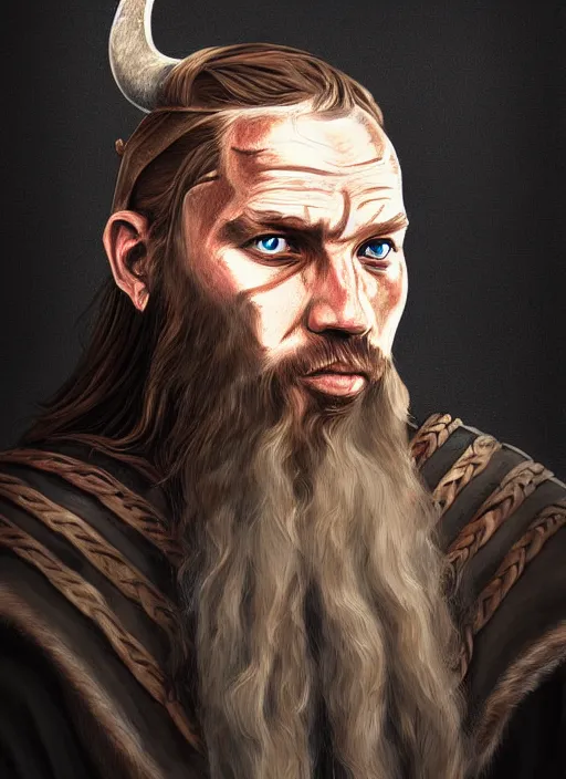 Image similar to viking looking tired, portrait, dramatic light, fierce, digital painting