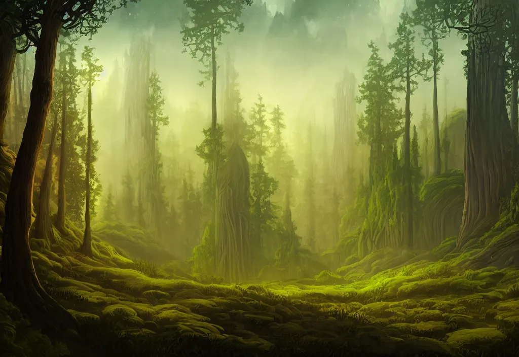 Prompt: blurry view of the background of a forest that has an endless pit in the bottom of the image, stylised painting, visible brush strokes, forest, medieval architecture, dynamic lighting, aesthetics, smooth, d & d, fantasy, asymmetrical, intricate, elegant, matte painting, illustration