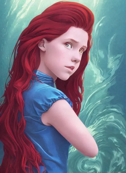 Image similar to well - lit art nouveau portrait of a 1 3 - year old girl who resembles millie bobby brown with red hair looking worried under water, natural lighting, path traced, highly detailed, high quality, cartoon, digital painting, by don bluth and ross tran and studio ghibli