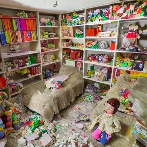 Image similar to sour patch kids at war inside abandoned dollhouse