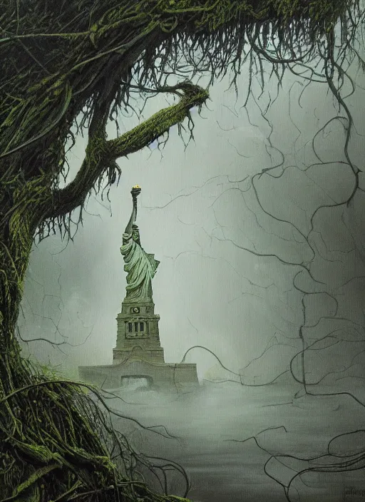 Image similar to hyper detailed oil painting of the statue of liberty; cracked, decaying, covered in moss and vines; thunderstorm; moody cinematic lighting, painted by Greg Rukowtski, trending on Artstation