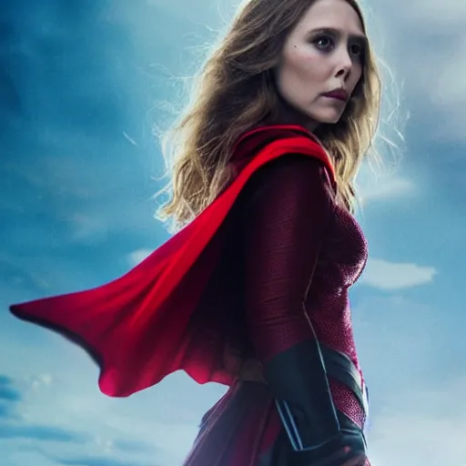 Image similar to movie still of elizabeth olsen as the scarlet witch afloat!!!!! in the air with red glowing eyes, emanating red magic!!!!! from her palms, full - body portrait, trending on artstation, 8 k quality, cgsociety contest winner, artstation hd, artstation hq, luminous lighting, beautiful cloudy atmosphere