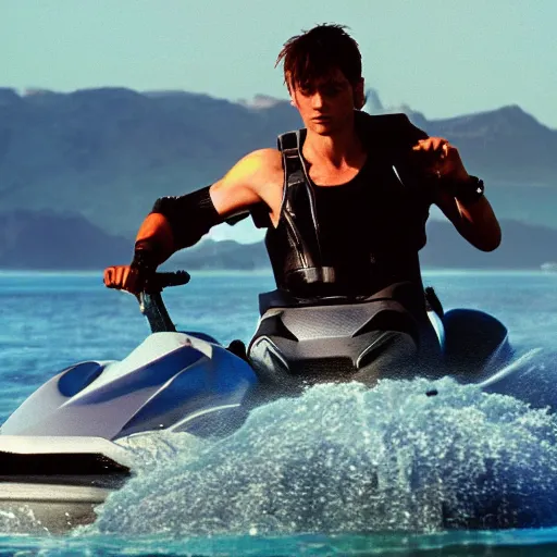 Image similar to john connor on a jet ski 35mm film 4k