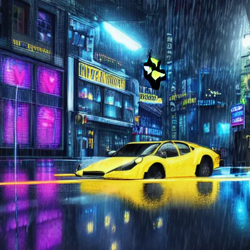 Prompt: highly detailed photorealistic image of batman from dc movies in rain, cyberpunk city street, blue and yellow neon lights, highly detailed reflection, studio quality 8k ultra high definition render, trending on ArtStation, real life quality image