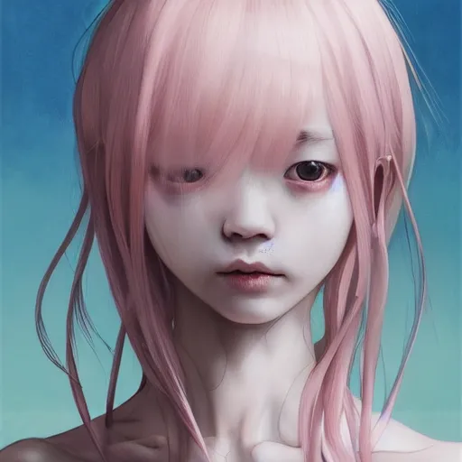 Image similar to Portrait 🍔💀 by Miho Hirano, Ross Tran and Ilya Kuvshinov, realistic, detailed, white, light pink tonalities, beautiful collage technique including flora, sea, wind, ornate sea background, beautiful Fantasy detailed trending on artstation, oil painting,Dramatic lighting, eterea , high quality print, fine art with subtle redshift rendering