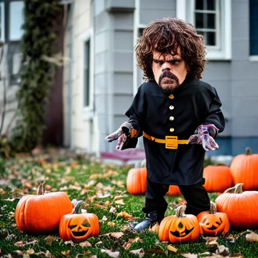 Image similar to peter dinklage trick or treating on halloween, ( sony a 7 r iv, symmetric balance, polarizing filter, photolab, lightroom, 4 k, dolby vision, photography awardm, voque, perfect face )