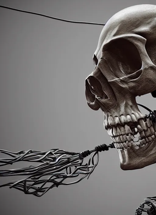 Image similar to an intricate detailed scifi skull plugged into wires by vitaly bulgarov, ivy, hardmesh, unreal engine 5, cyberpunk
