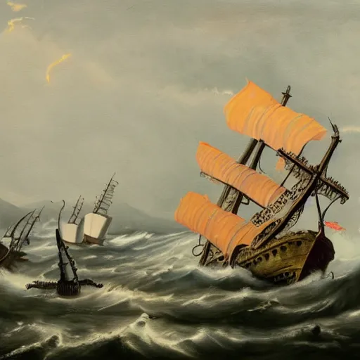 Prompt: a painting of the kraken pulling a ship into the sea