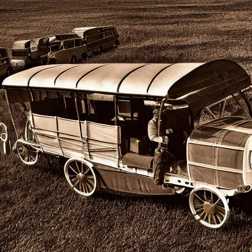 Image similar to a birdseye view sepia photograph of a delorean turned into a covered wagon, traveling in a line with covered wagons and cattle