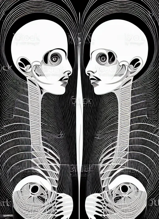 Prompt: vector art by hr giger, perfectly centered symmetrical balanced male and female portrait of man and woman in love sharing one heart. high coherence ; fractal geometrical 8 k ultra hd