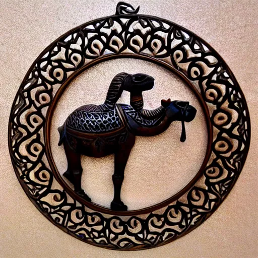 Image similar to gorgeous ornated bronze realistic detailed sacred camel wall decoration with filigree, arabic