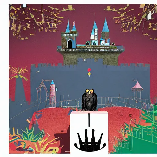 Image similar to A computer art that features a chimpanzee surrounded by a castle turret. The chimp is shown wearing a crown and holding a scepter, and the castle is adorned with banners. biopunk by Eyvind Earle, by Nikolina Petolas kaleidoscopic