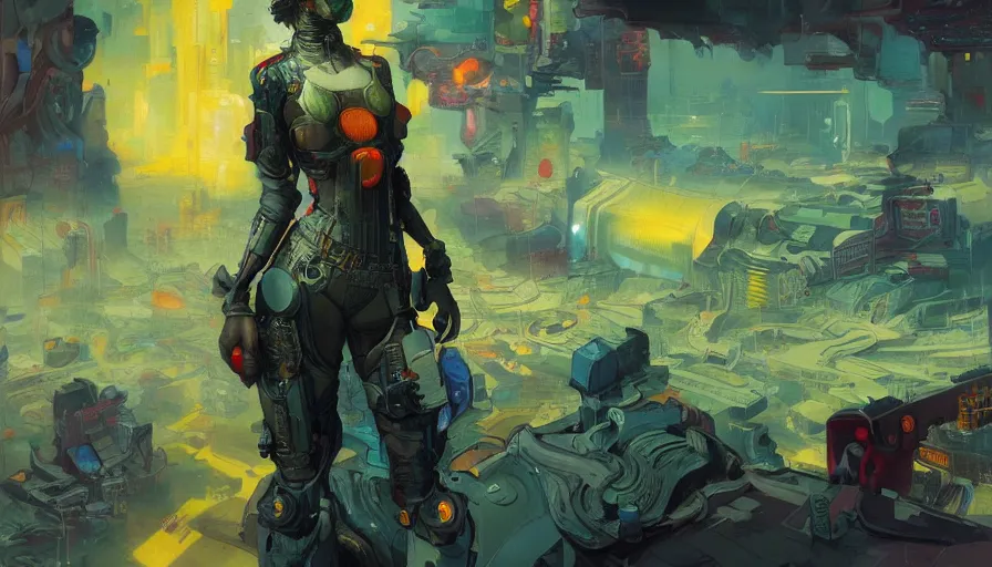 Prompt: psychedelic cyberpunk stylish woman soldier in a dark complex scifi vast detailed city, allegorical style, by peter mohrbacher, jeremy mann, francoise nielly, van gogh, ross tran, beautiful, award winning scenery