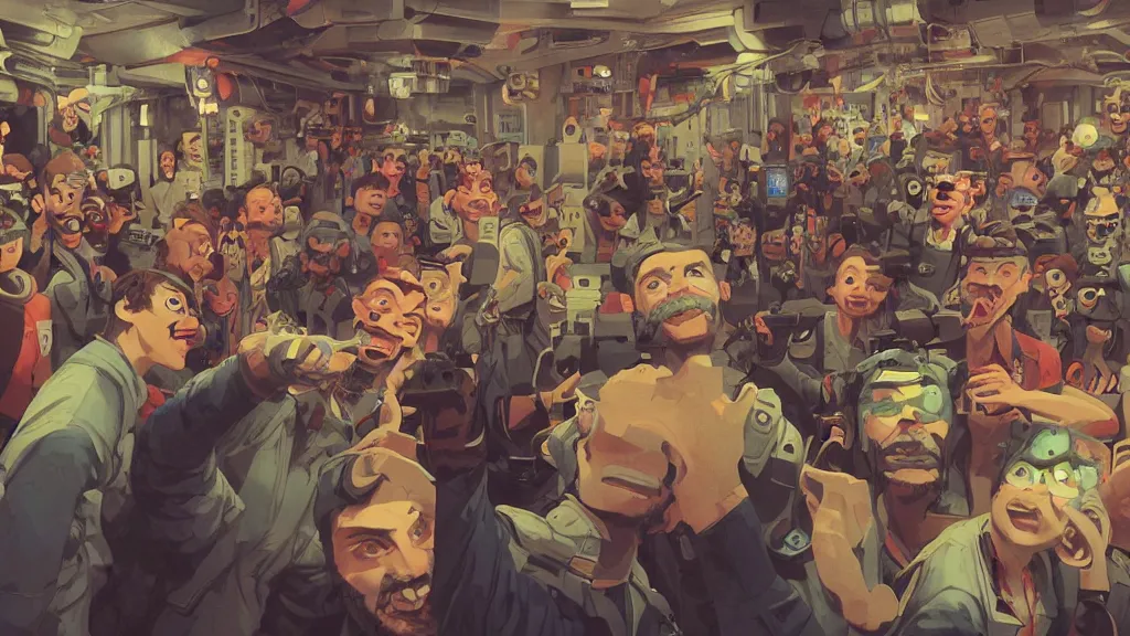Prompt: selfie of a tight group of happy drunken hackers at a party in a highly detailed server room in a scifi movie, retrofuturism, by jamie hewlett, nuri iyem, james gurney, james jean, greg rutkowski, anato finnstark. pixar. hyper detailed, wide angle, perfect faces