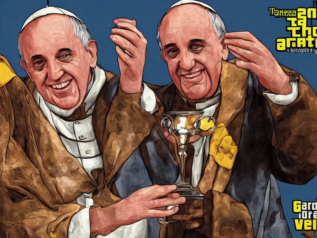 Prompt: pope francis digital art as the loading screen of GTA V, grand theft auto, golden hour lighting, graphic art,