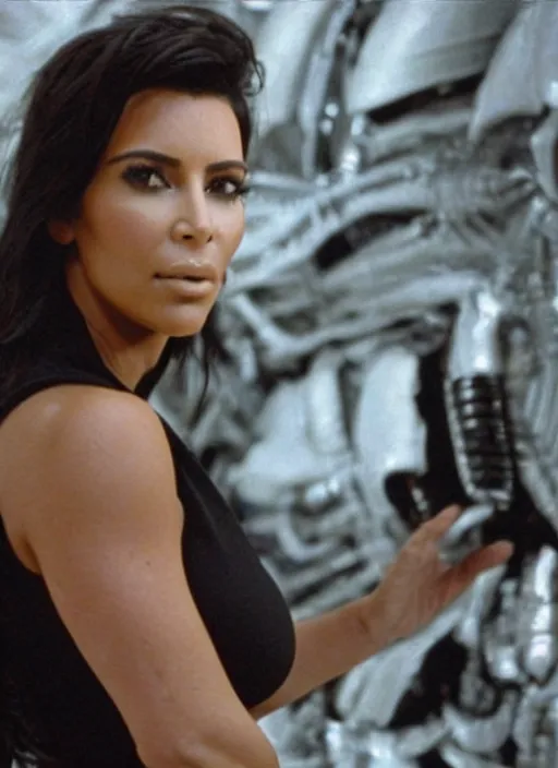 Prompt: film still of kim kardashian as Ellen Ripley in Alien,