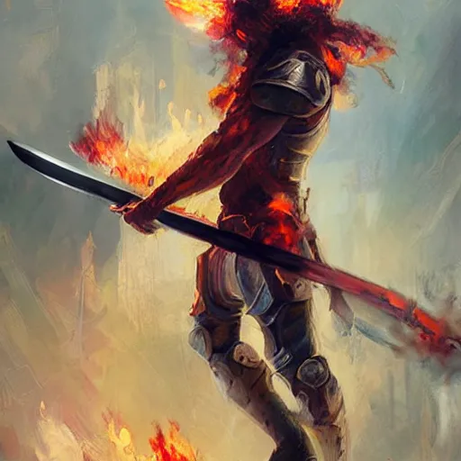 Prompt: a flaming sword, painting by wlop