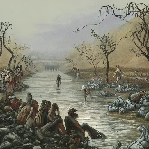 Prompt: a cinematic painting of alien tentacles emerging from the water of a river, hoards of people are gathering around the riverbed, wind blowing the leaves from the trees