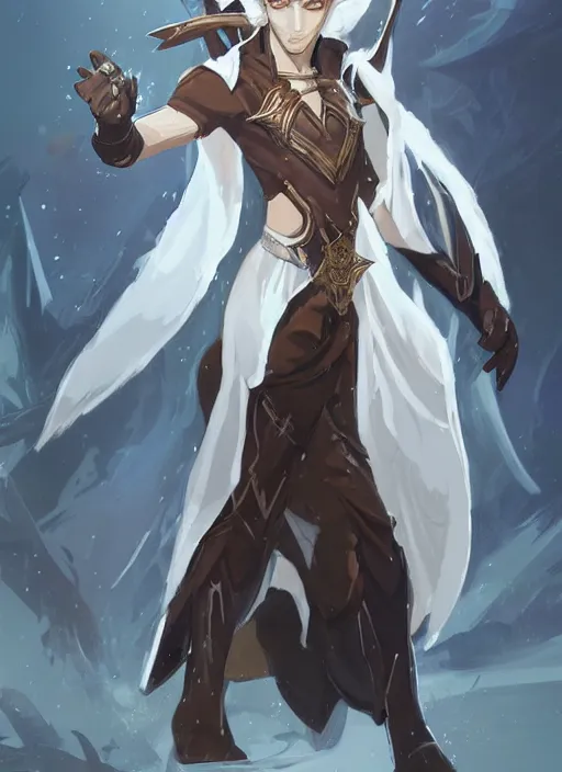 Prompt: concept art painting of an androgynous assassin with brown skin and short white hair, demon horns, elf ears, blue tunic and robes, detailed, d & d style, cel shaded, in the style of ruan jia and artgerm and makoto shinkai and james gurney