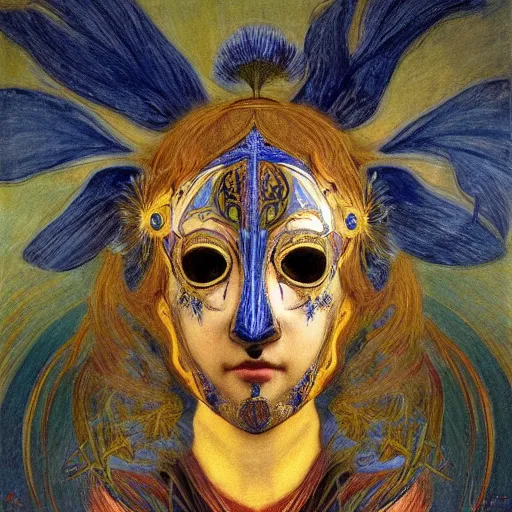 Prompt: masterpiece painting of a facemask made of stylized flowers, by annie swynnerton and jean delville and tino rodriguez, flower mask, art deco shaman, symbolist, dramatic lighting, god rays, elaborate geometric ornament, clean crisp graphics, soft cool colors, smooth, sharp focus, extremely detailed