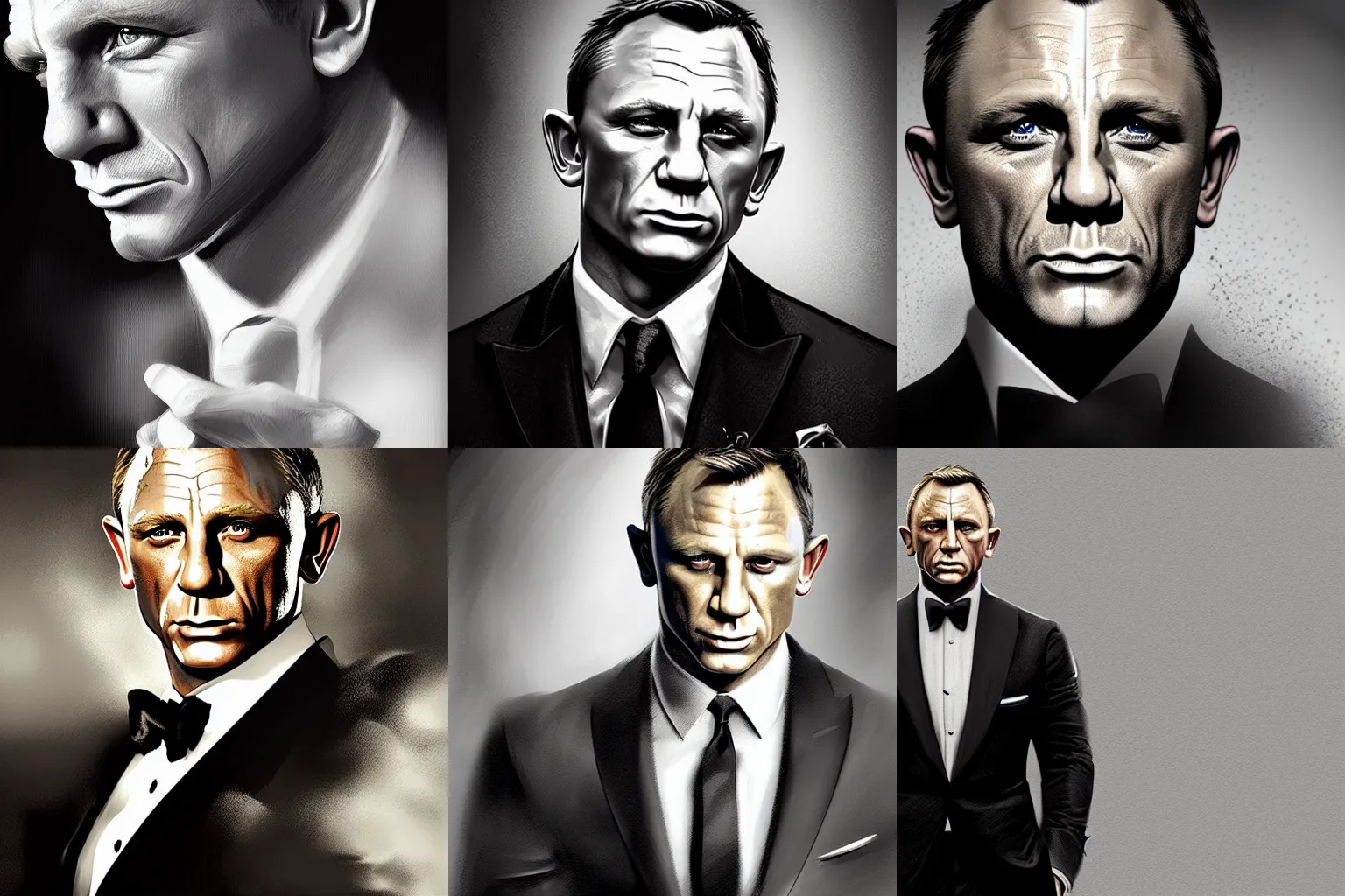 Prompt: portrait of Daniel Craig as James Bond (tuxedo), digital painting, extremely detailed, 4k, intricate, brush strokes, Mark Arian, Artgerm, Bastien Lecouffe-Deharme