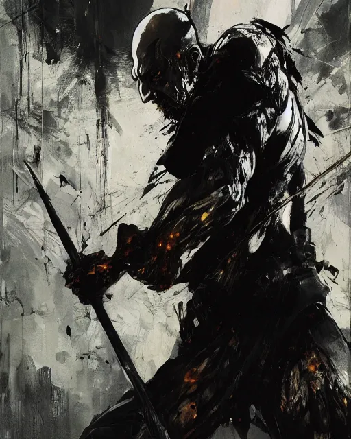 Image similar to tall bald man, standing, wielding a large axe, spike through two eyes, large spike through eyes, black robe, painting by yoji shinkawa, alphonse murac, craig mullins, sui ishida, yoshikata amano, collaborative painting, very detailed and high quality, 4 k, 8 k, artstation