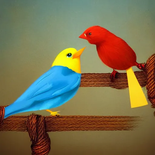 Image similar to a beautiful adorable fantasy whimsical matte digital storybook painting of a blue bird a red bird and a yellow bird on a wire, bright blue sky, Disney concept art, trending on artstation hq, contest winner