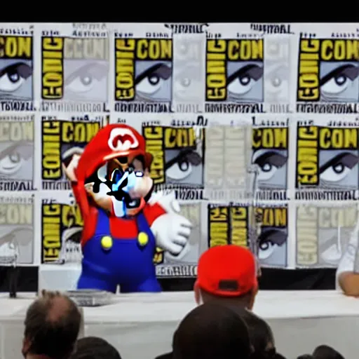 Prompt: Super Mario interviewed on his own Comic Con Panel